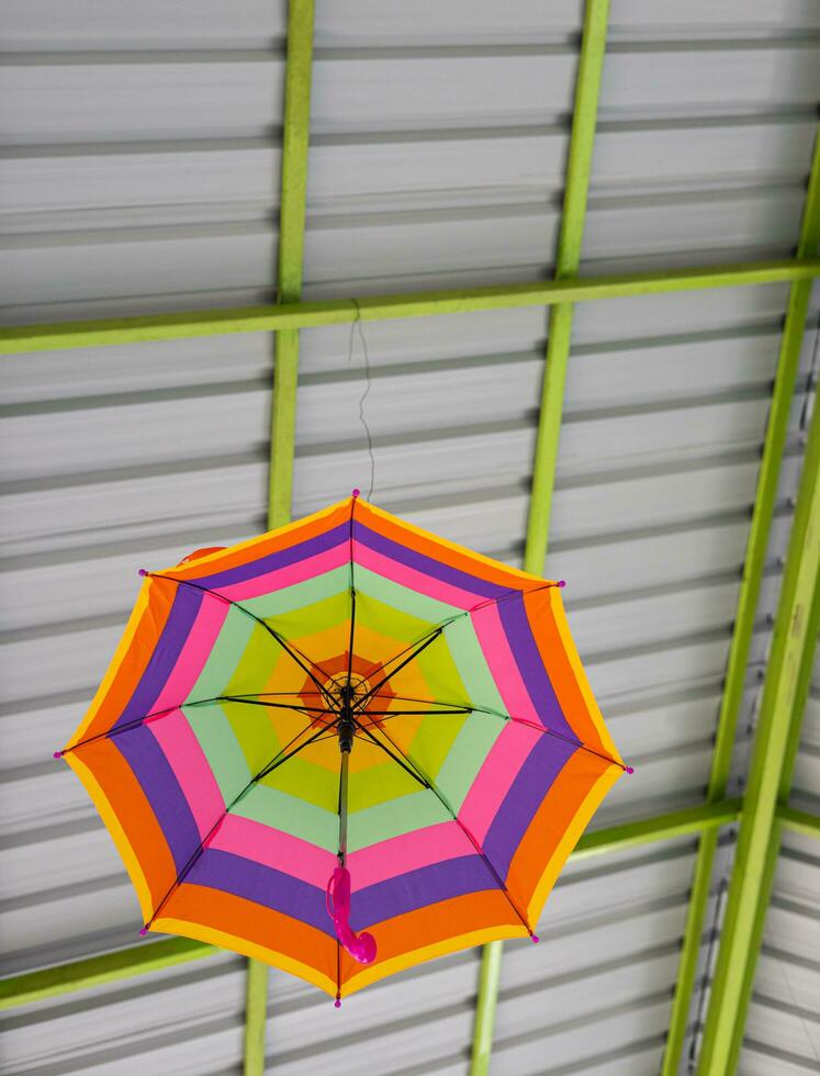 A low-angle view passes through a colorfully decorated umbrella hanging beneath a roof structure. photo