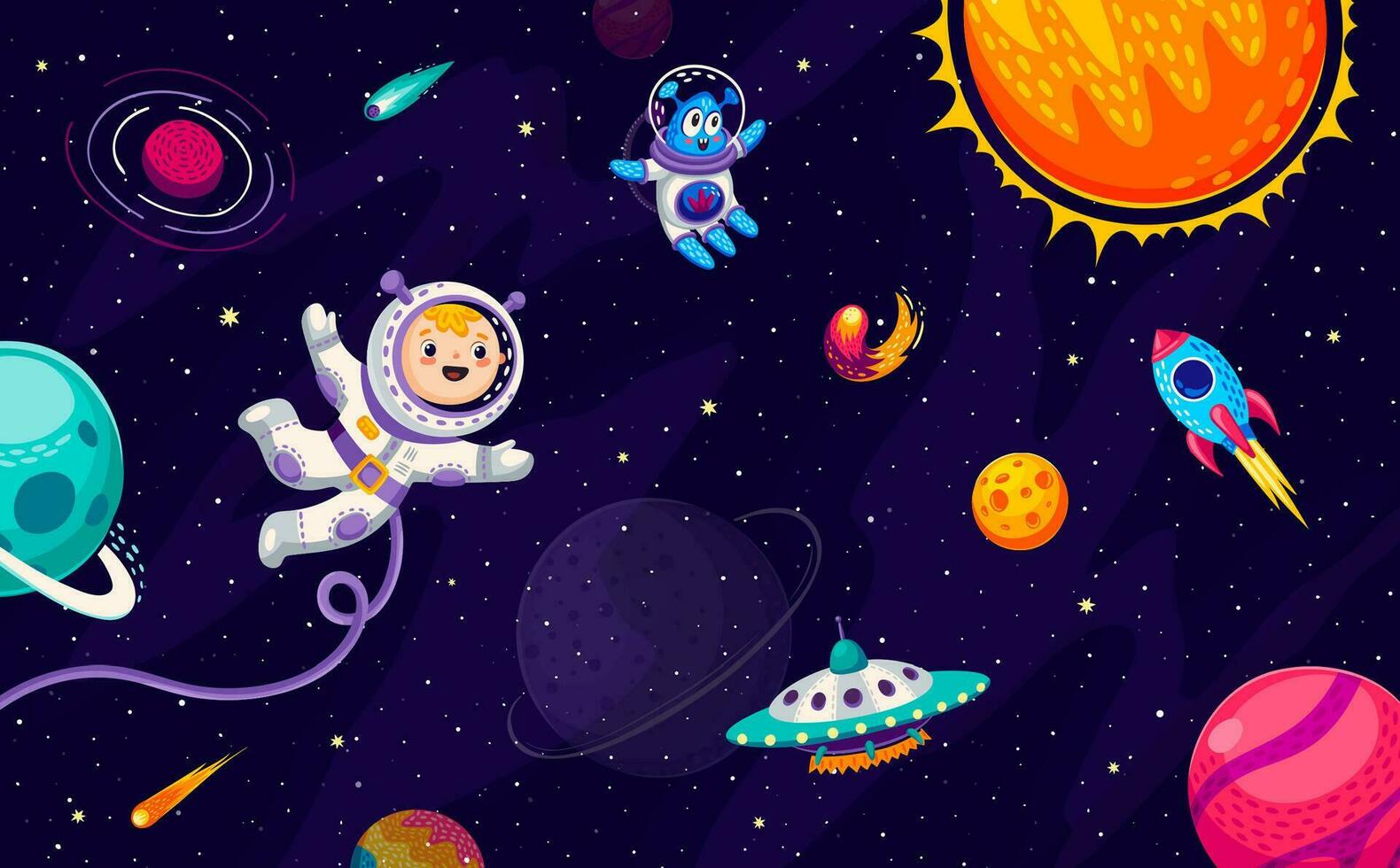 dibujos animados niño astronauta, extraterrestre y cohete a galaxia vector