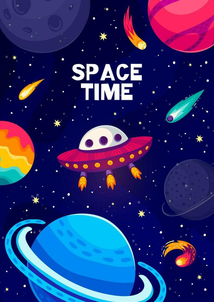 Cartoon space landscape poster. Starry galaxy, ufo vector