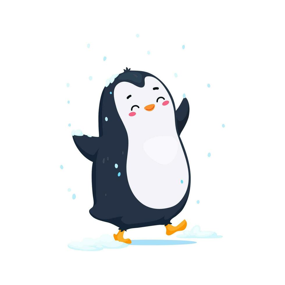 Cartoon cute funny penguin embraces the snowfall vector