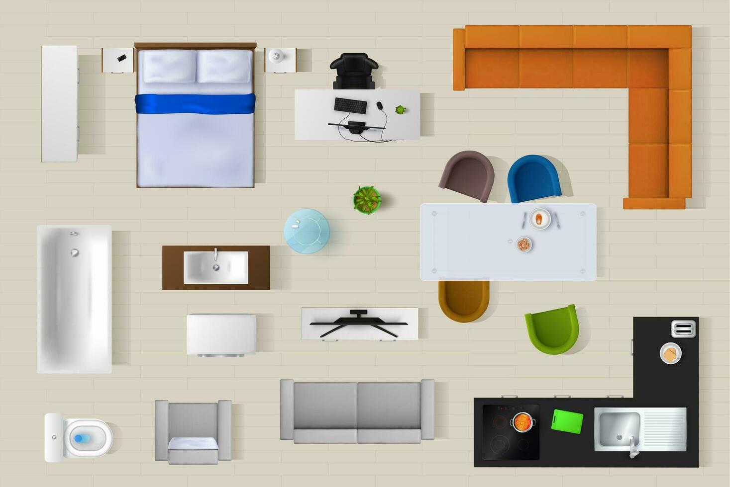 Top view interior furniture isolated 3d vector set