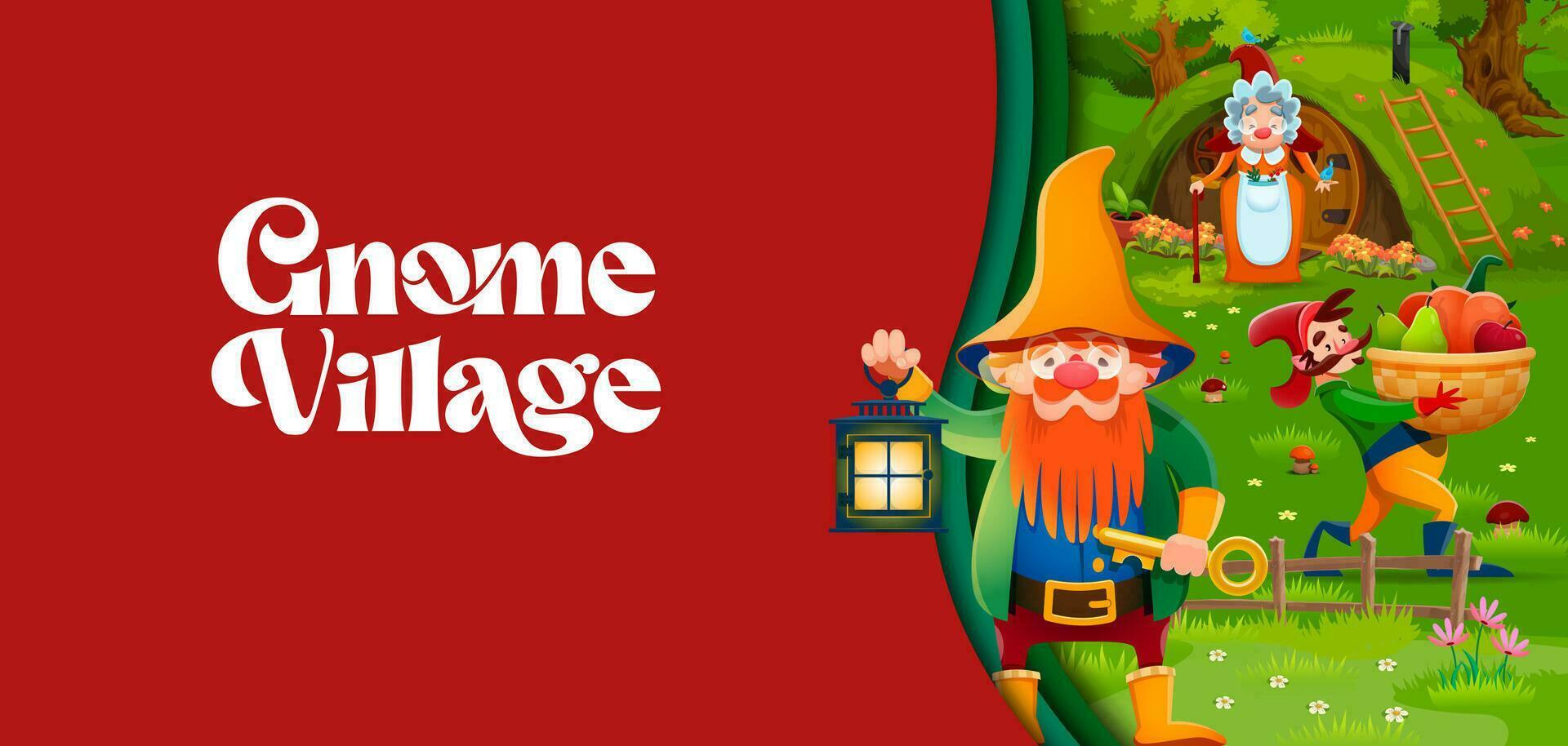 Paper cut banner with cartoon gnomes at village vector
