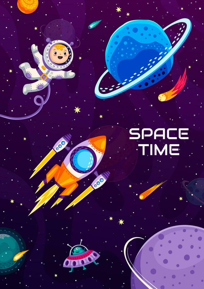 Cartoon space poster cute kid astronaut and rocket vector