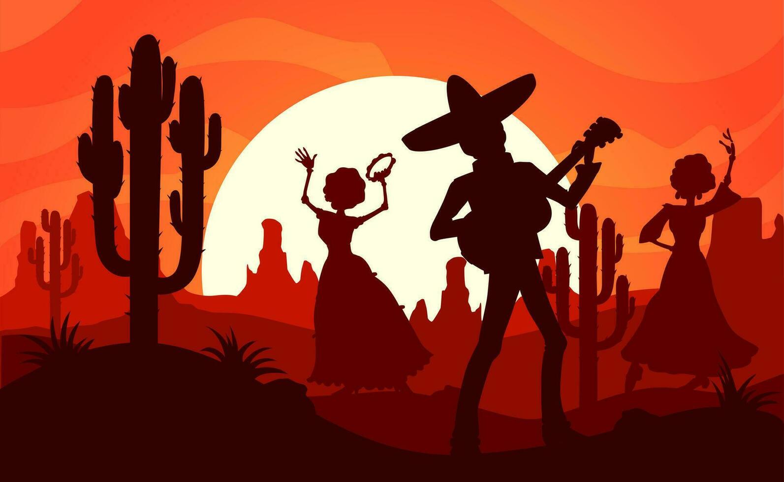 Mexican desert, silhouettes of mariachi and women vector