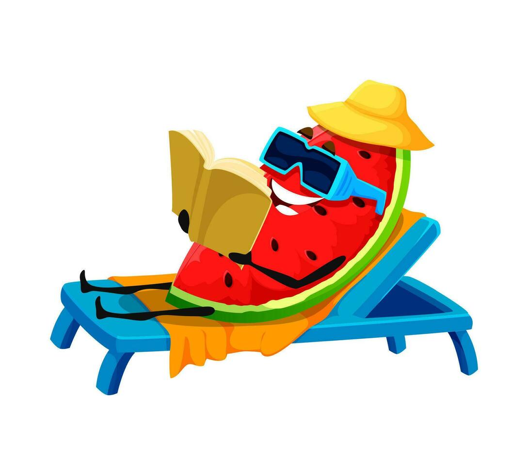 Cartoon watermelon character sunbathing on beach vector