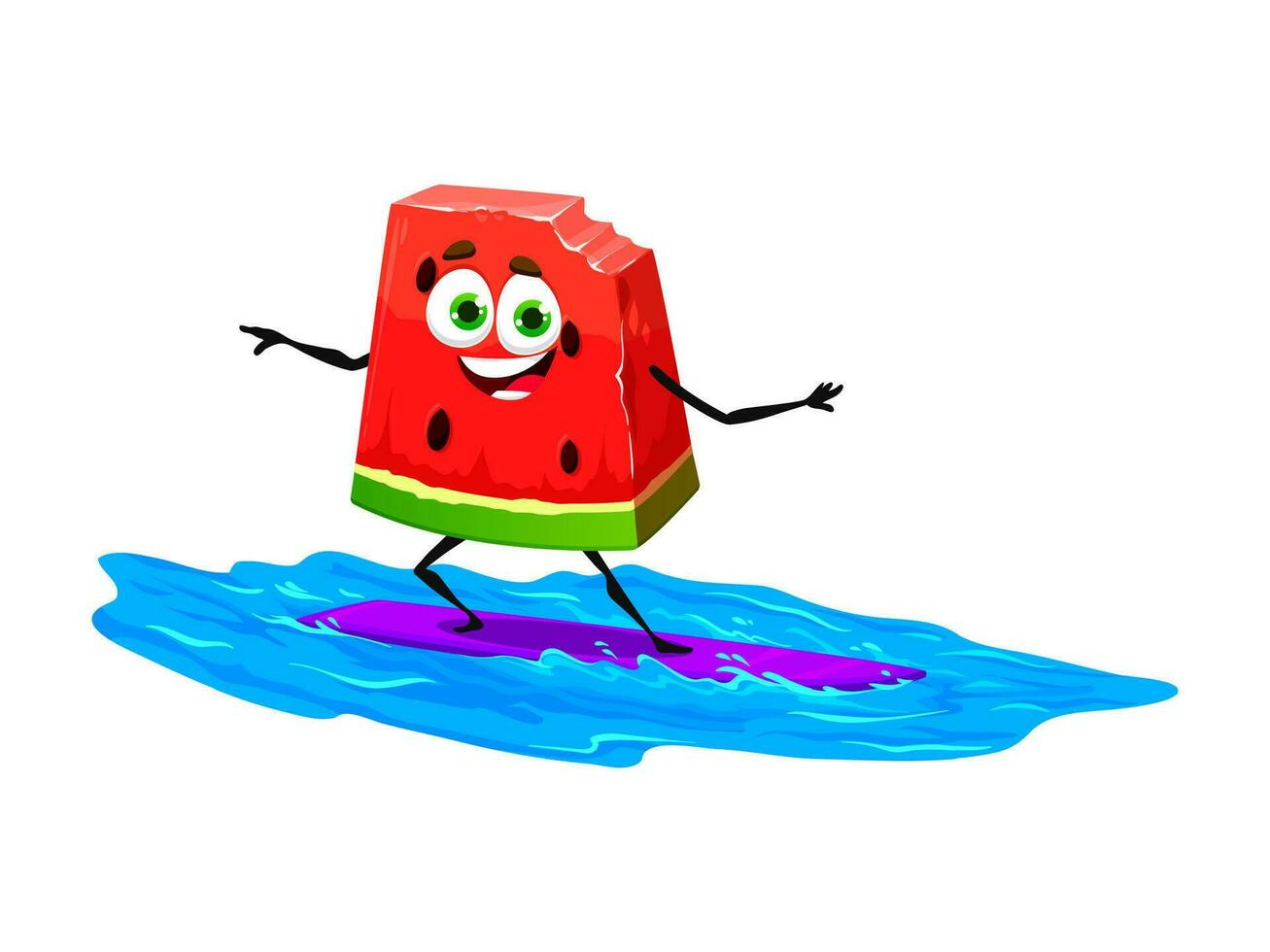 Cartoon watermelon character surfing on beach vector
