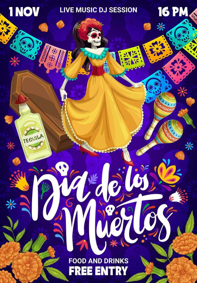 Mexican dead day party poster, Dia de los muertos vector