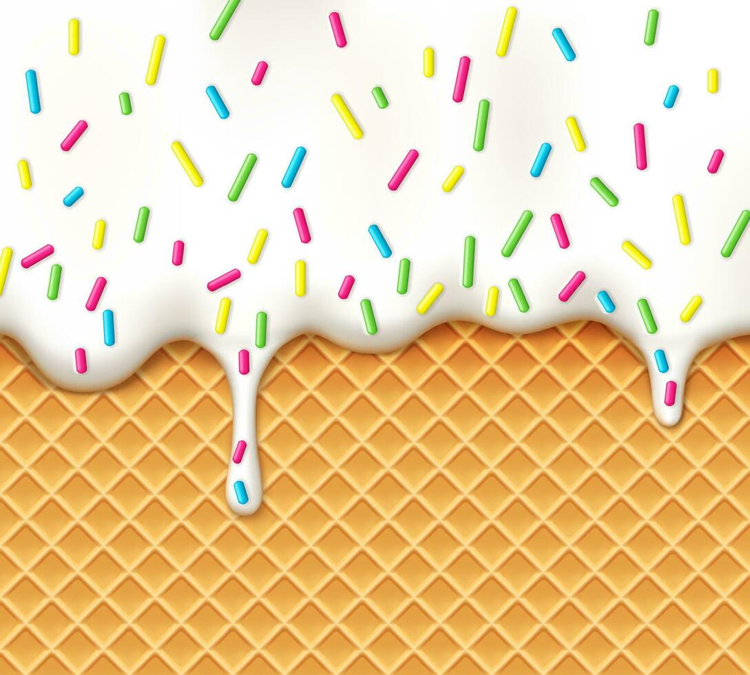 Realistic ice cream drip on wafer cone background vector