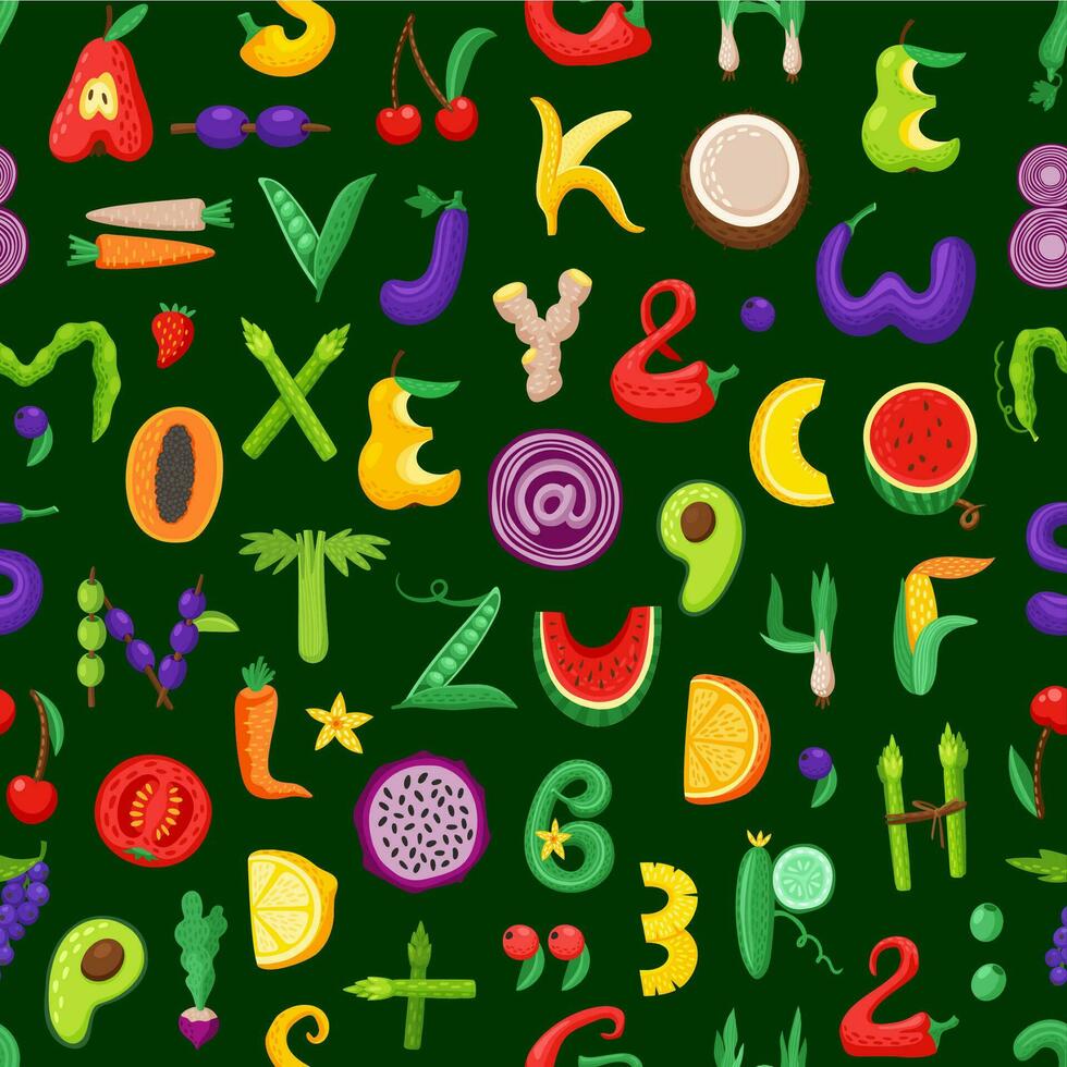 Fruta y vegetal fuente letras sin costura modelo vector