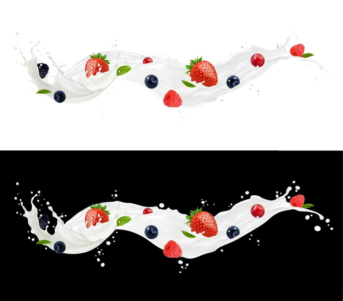Milk or yogurt splash wave with fresh berries vector