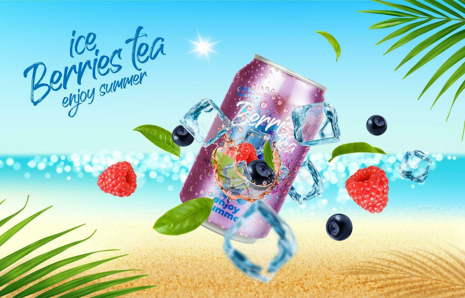 Wild berries tea can and ice cubes on summer beach vector
