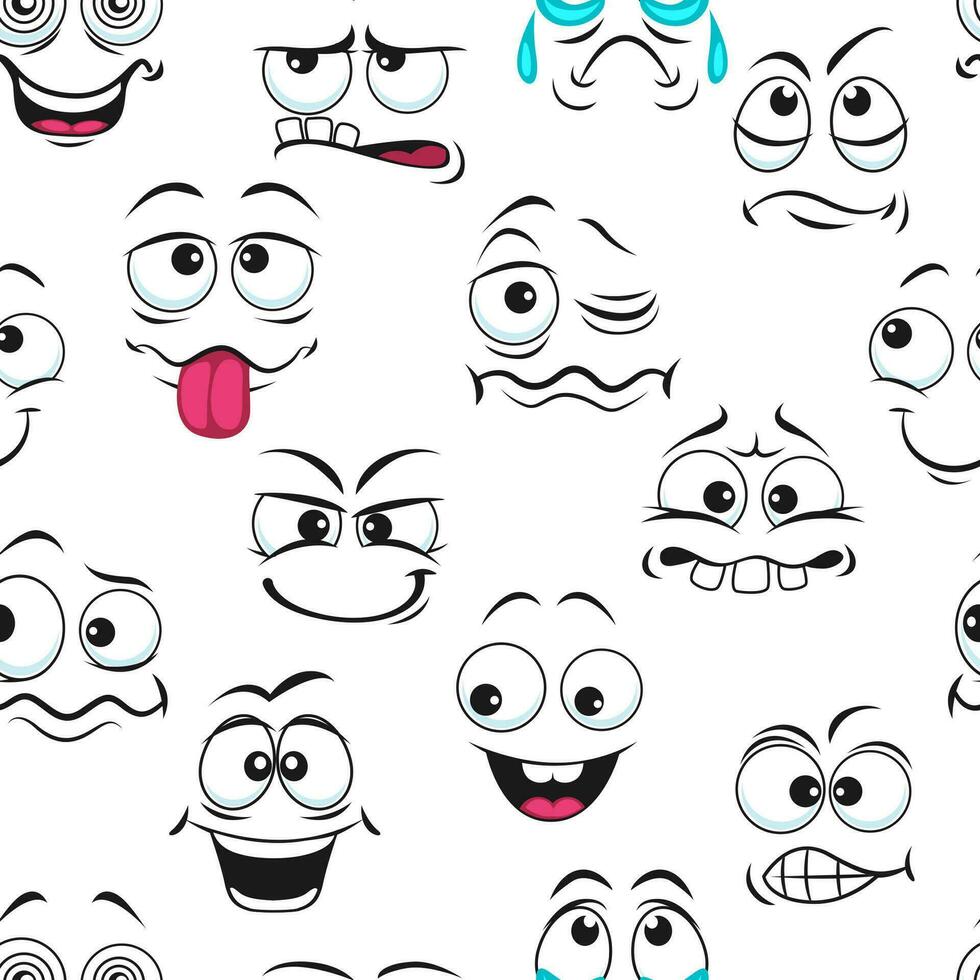 Cartoon funny, sad, crying and happy faces pattern vector