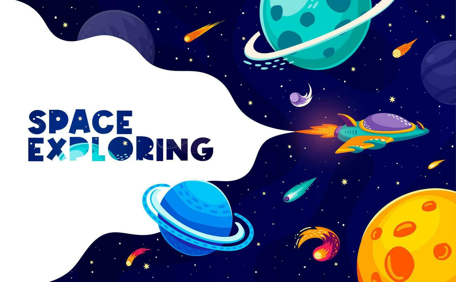 Space exploring, cartoon asteroids and spaceship vector