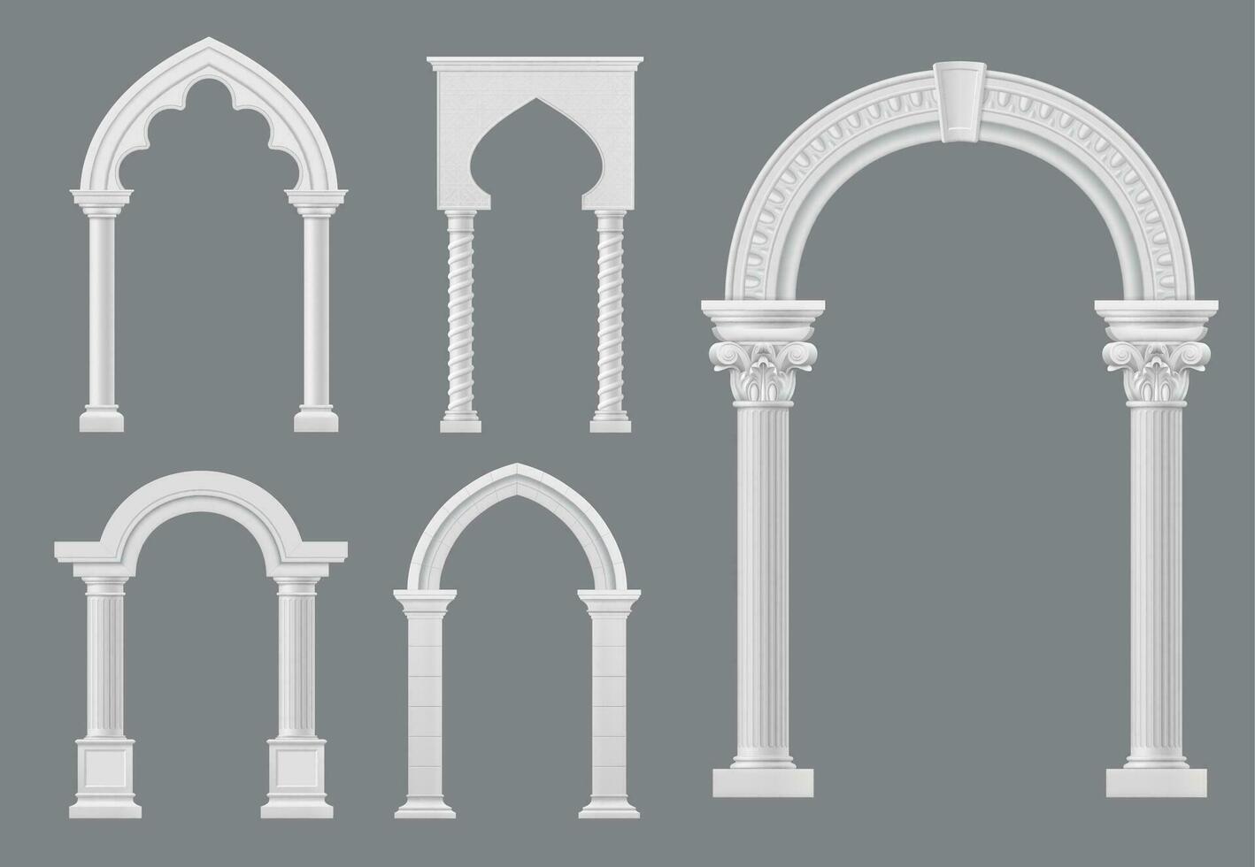 Castle palace white marble arch, medieval archway vector