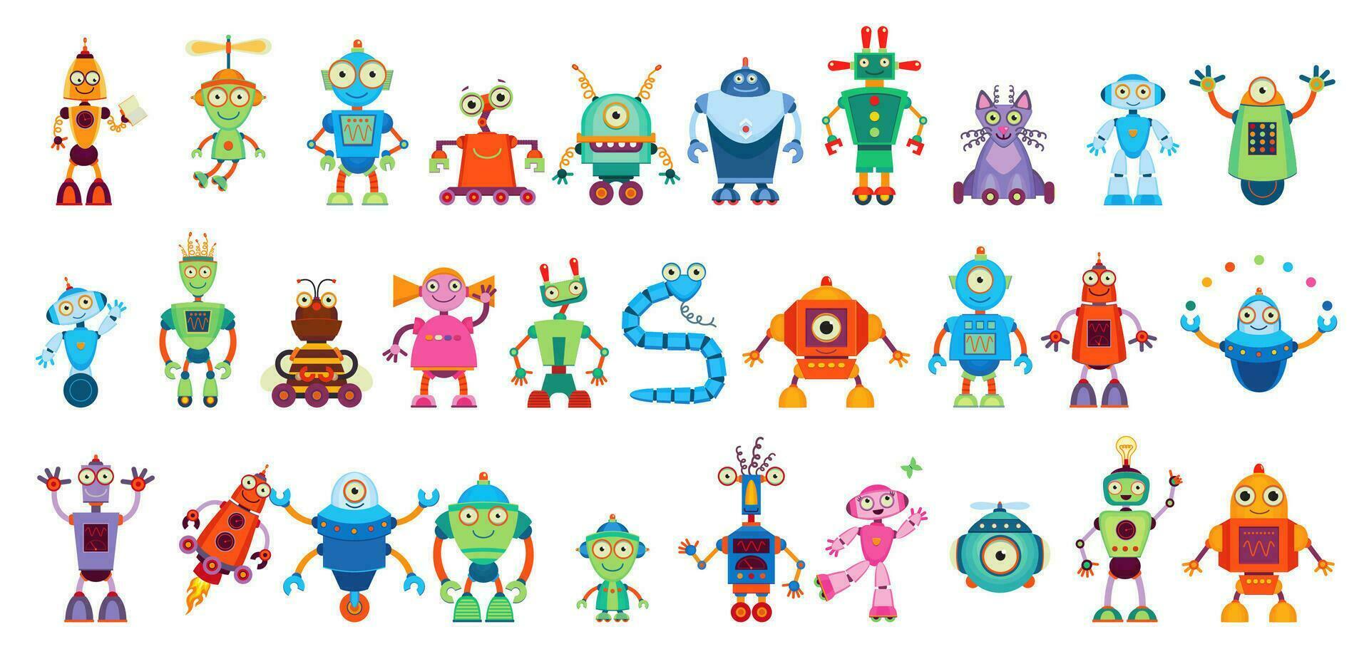 Cartoon robot droid characters, android cyborgs vector