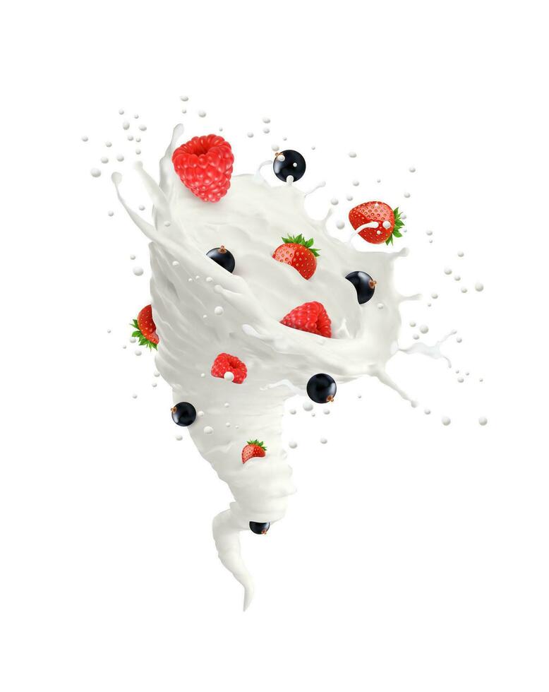 Realistic milk tornado splash with berries, yogurt vector