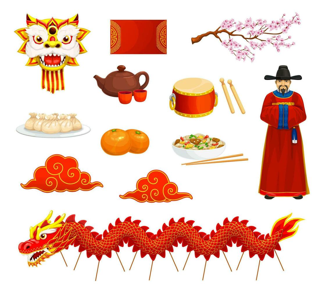 Cartoon Chinese new lunar year characters, items vector