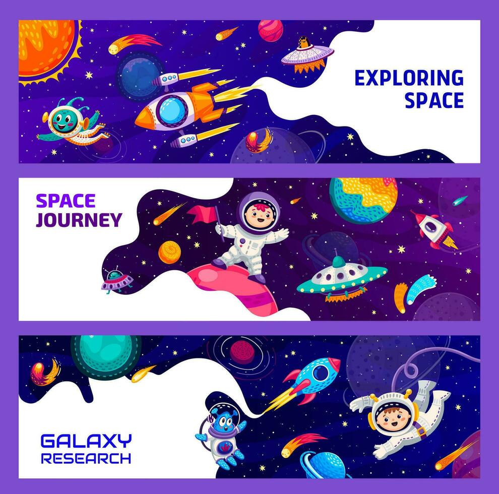 Kids astronauts alien ufo in outer space banners vector