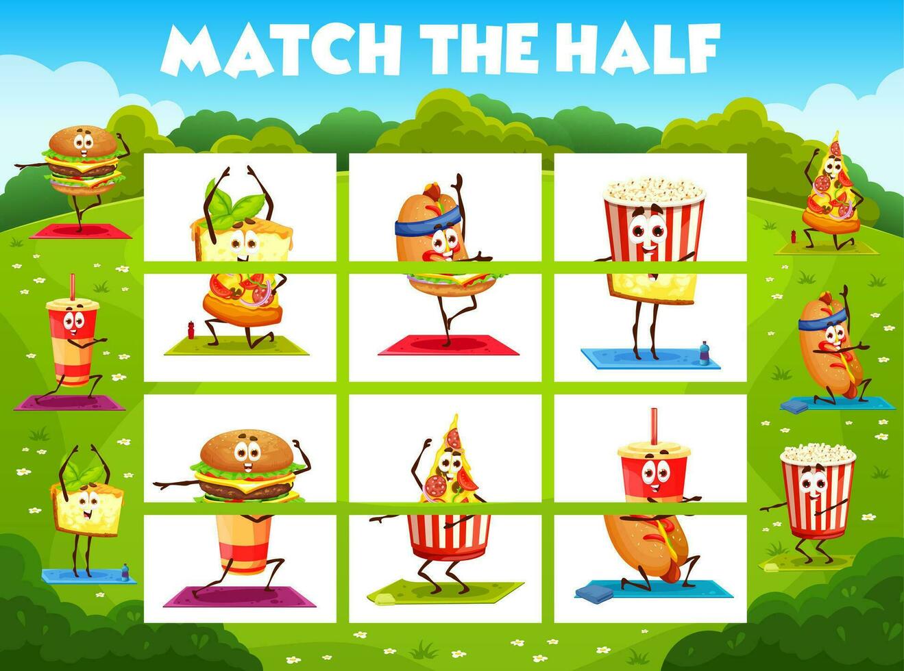 Match half game with fast food characters on yoga vector