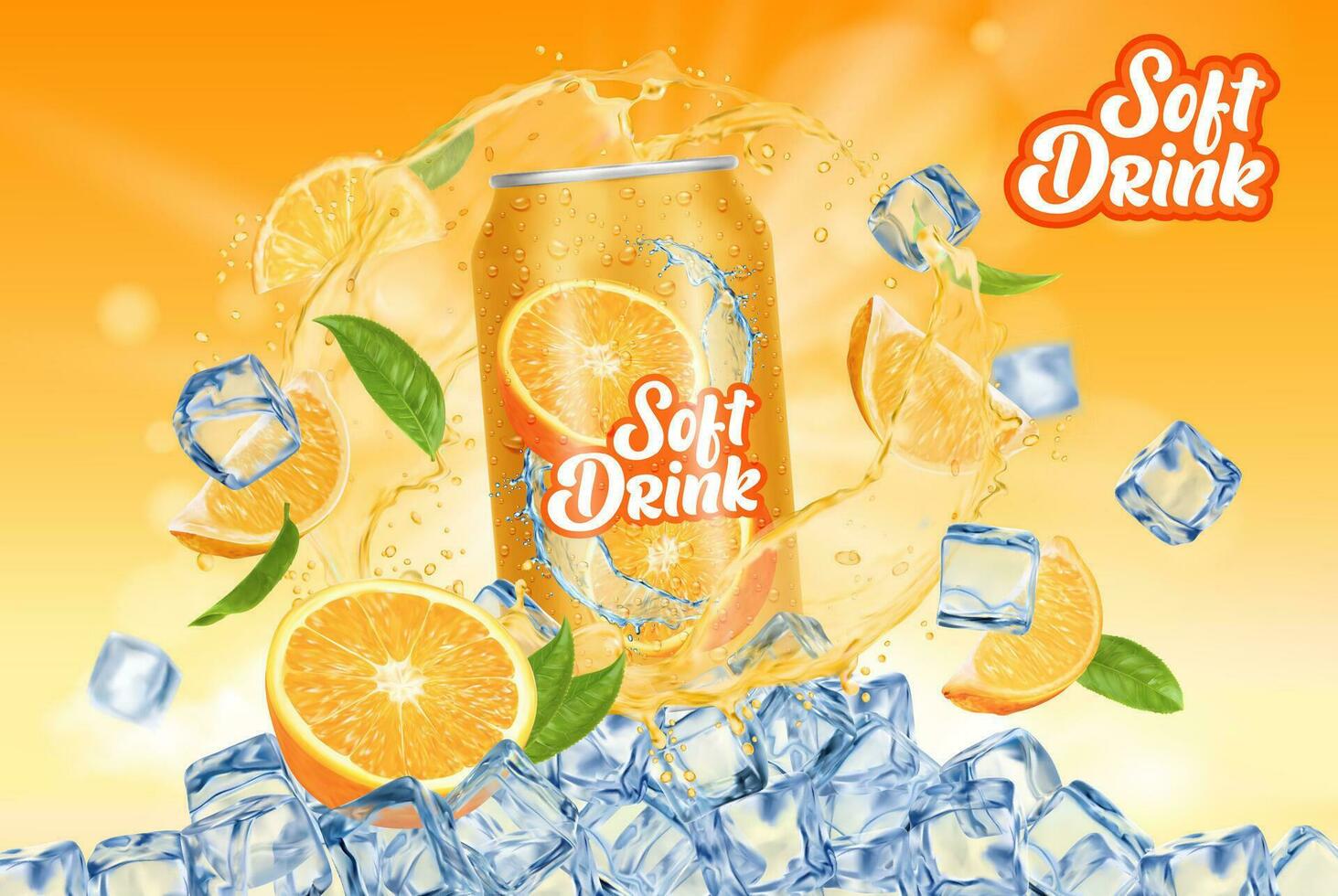 Orange drink can, juice splash and ice cubes, soda vector