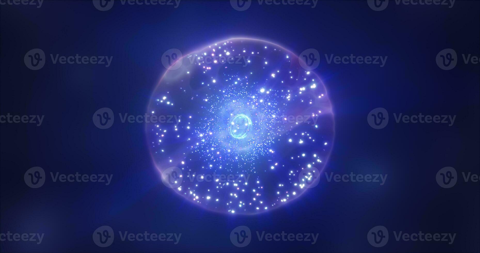 Abstract blue energy sphere with flying glowing bright particles, science futuristic atom with electrons hi-tech background photo