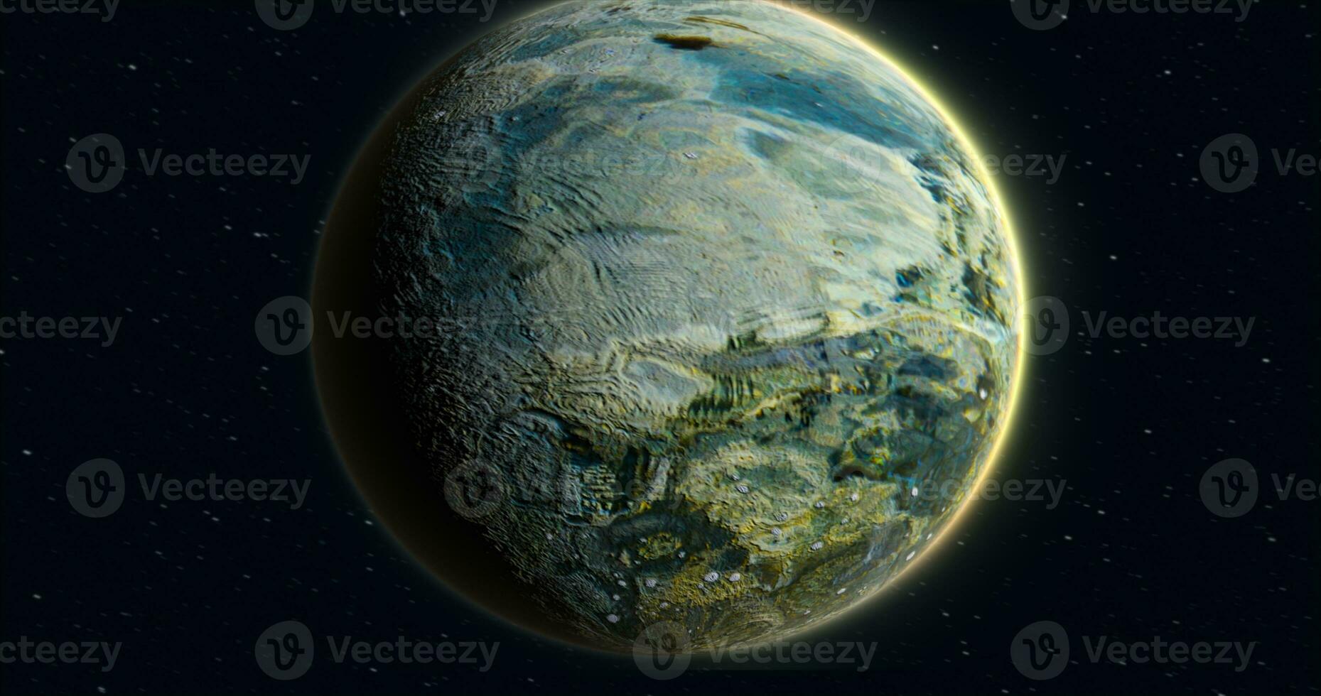 Abstract realistic space spinning planet round sphere with a water surface in space against the background of stars photo