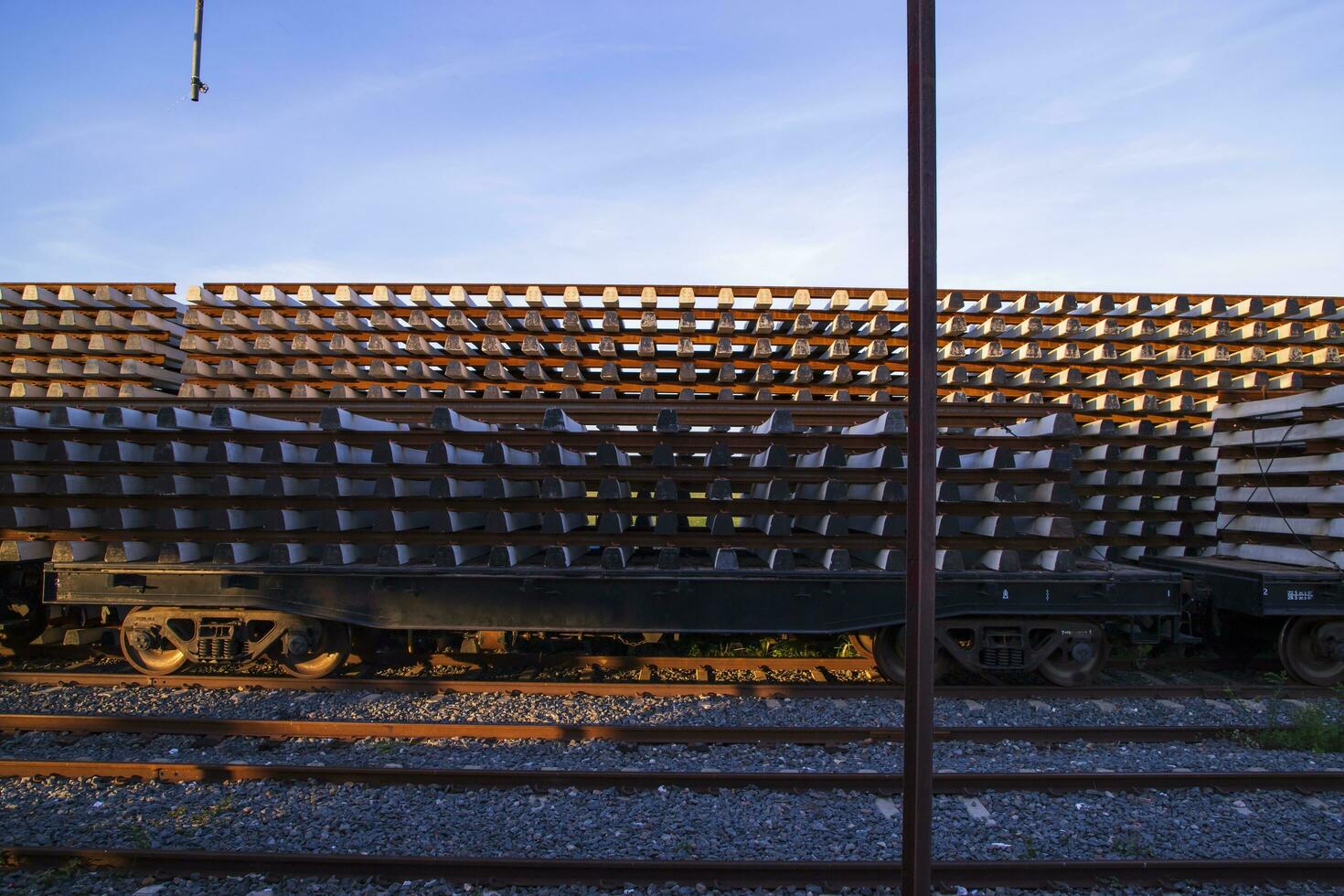 Railway Concrete sleepers stacked under the blue sky for the construction of a new track in Bangladesh photo