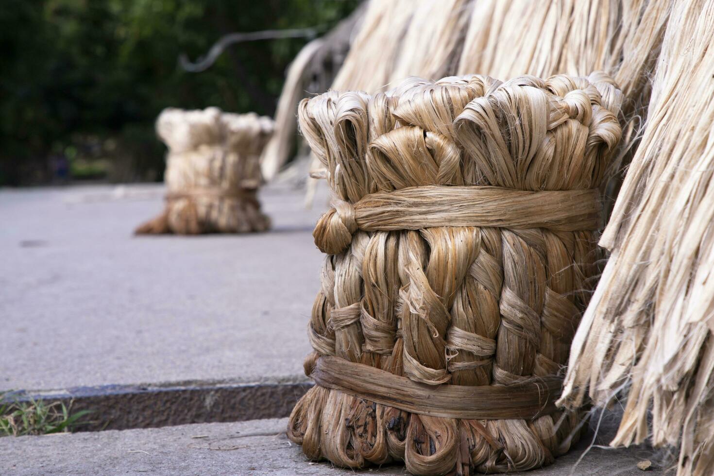 A thick brown  bundle of raw jute has on the ground photo