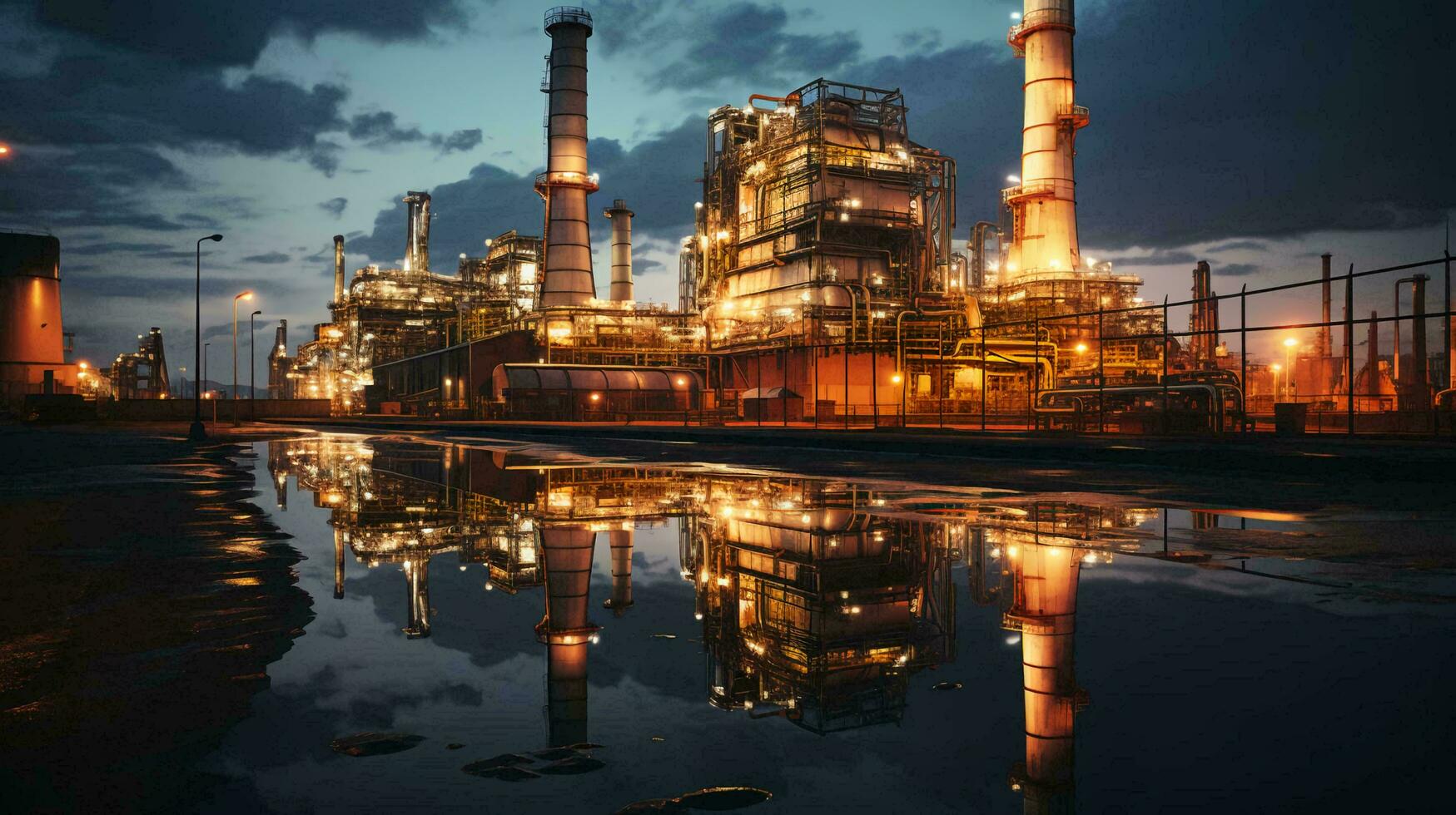 Industrial oil refinery petrochemical chemical plant with equipment and tall pipes at night. AI generated photo