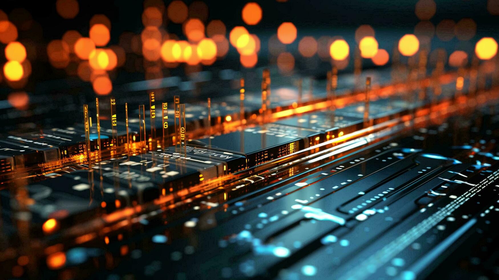 Computer futuristic high tech circuit board with microcircuits and electronic chips with transistors and resistors. AI generated photo