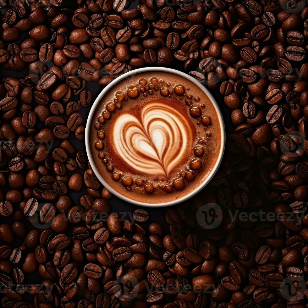 Coffee cup with latte art on coffee beans background.AI Generative photo