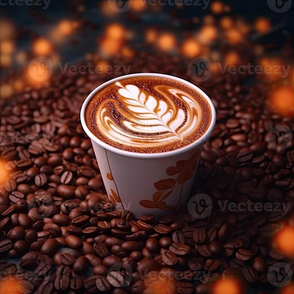 Coffee cup with latte art on coffee beans background. AI Generative photo