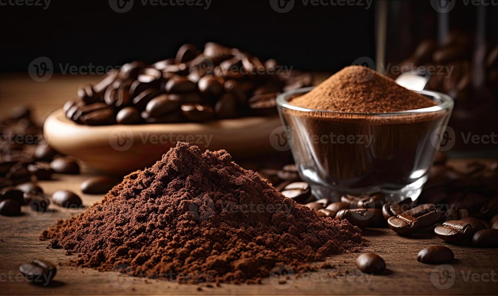 Coffee beans and ground coffee on wooden background. Selective focus. photo