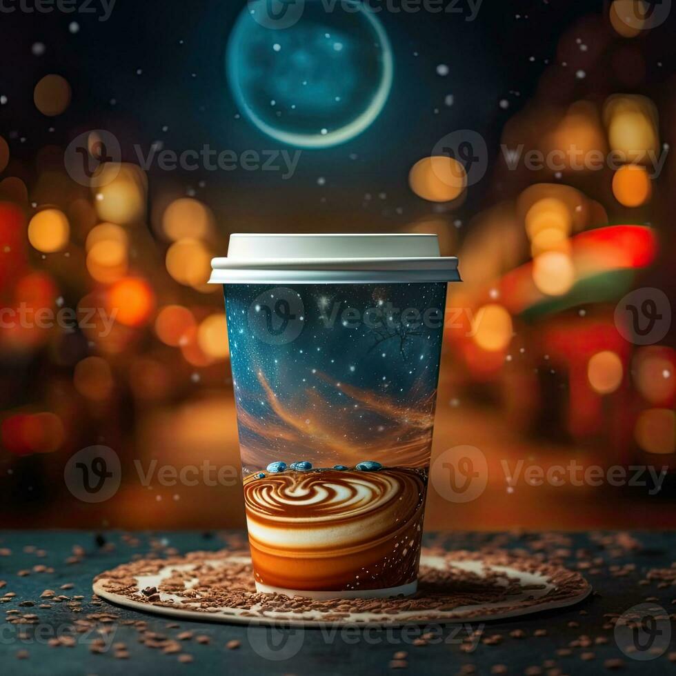 Coffee cup with latte art on coffee beans background. AI Generative photo