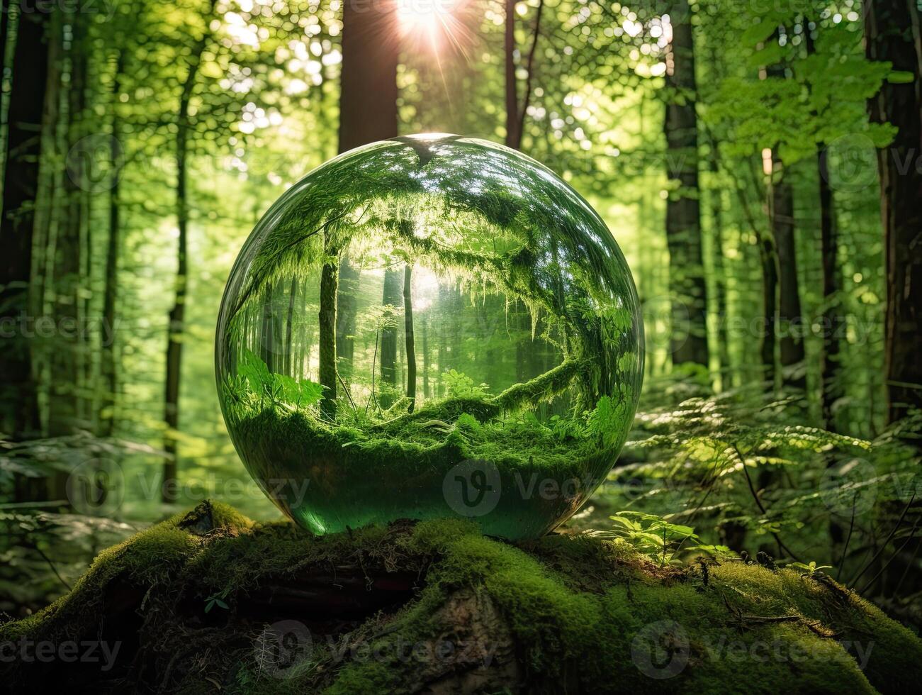 Eco friendly concept. Green planet with trees on green background  AI Generative photo