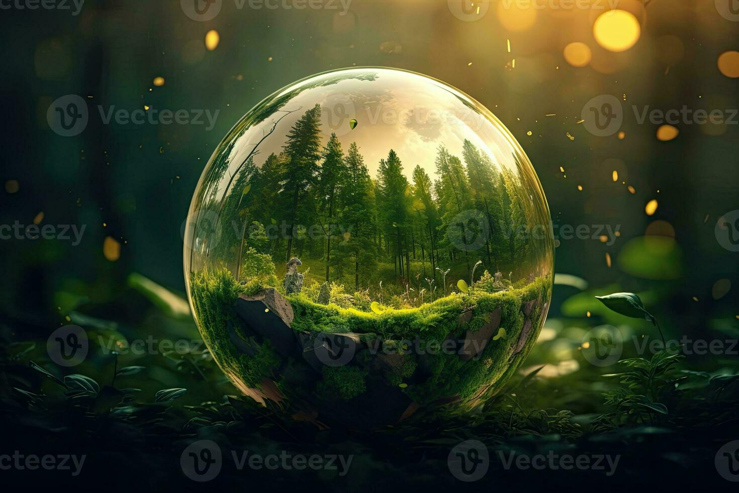 Eco friendly concept. Green planet with trees on green background  AI Generative photo