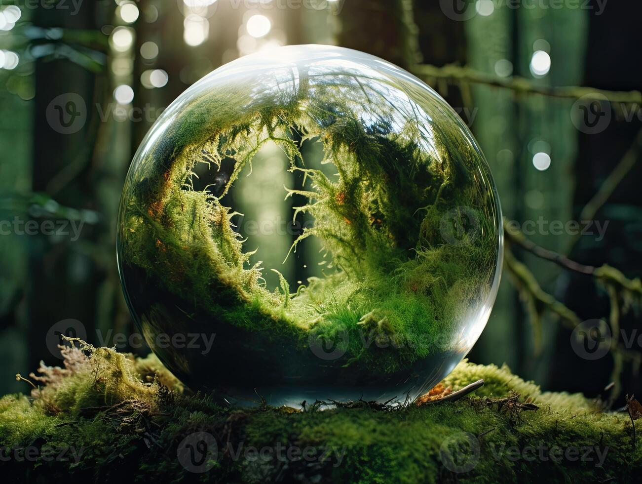 Eco friendly concept. Green planet with trees on green background photo