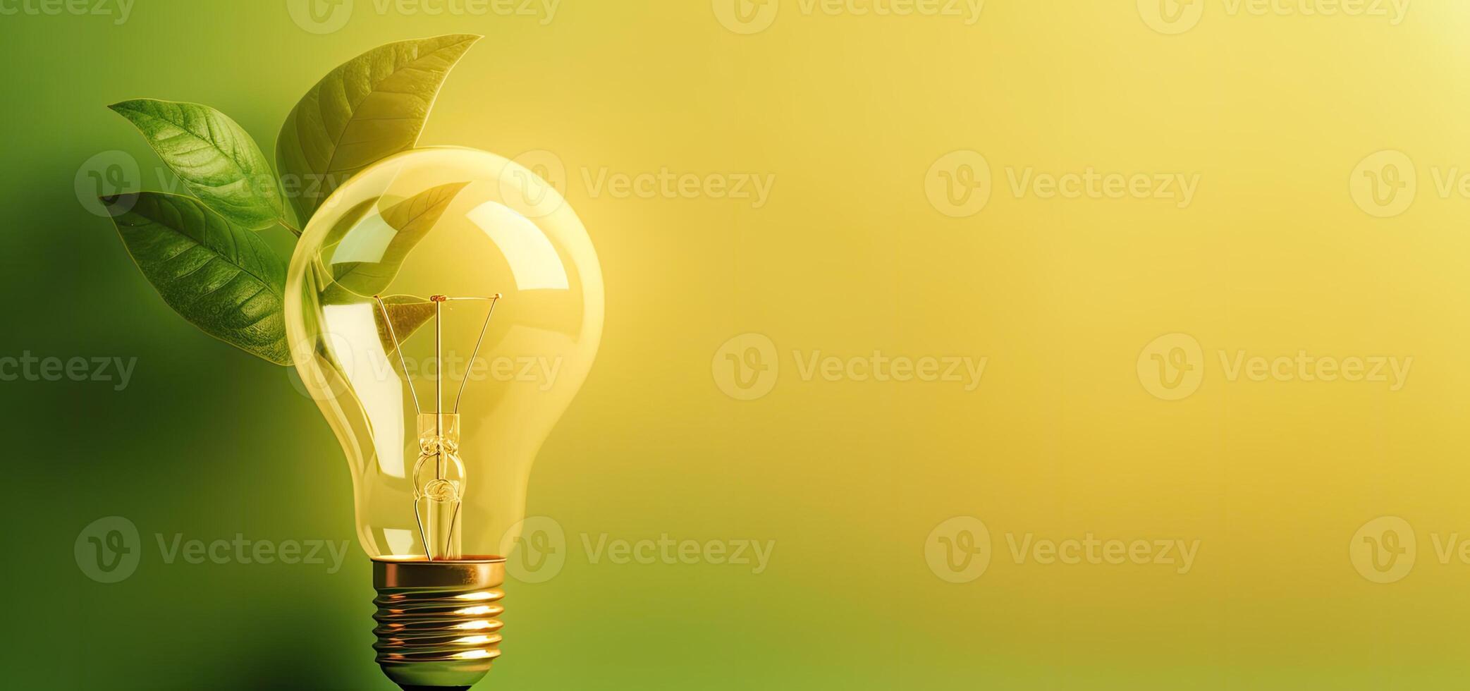 Green energy concept with light bulb and green leaves. 3D rendering, Green eco energy concept with light bulb and plant photo
