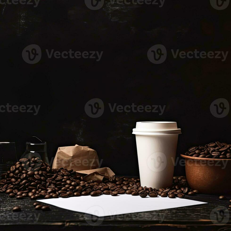 Coffee and coffee beans on black background AI generative photo