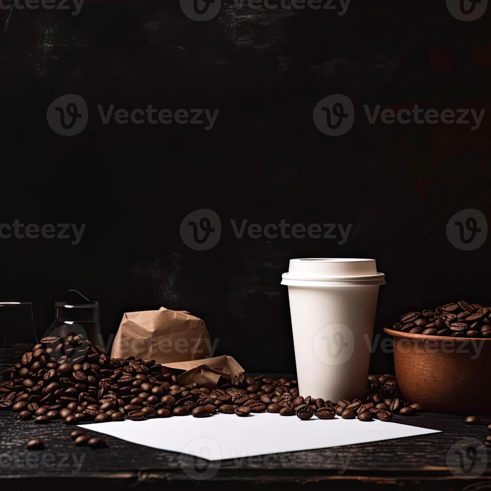 Coffee and coffee beans on black background photo