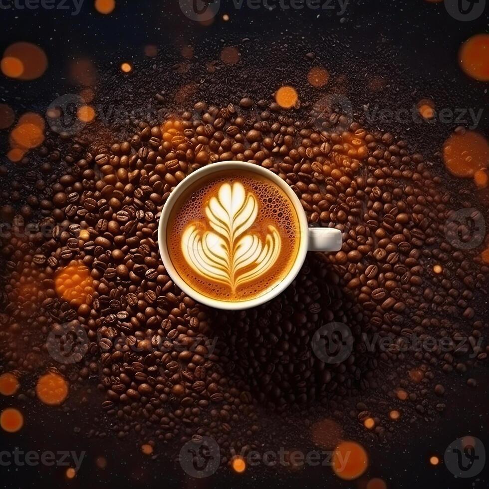 Coffee cup with latte art on coffee beans background. photo