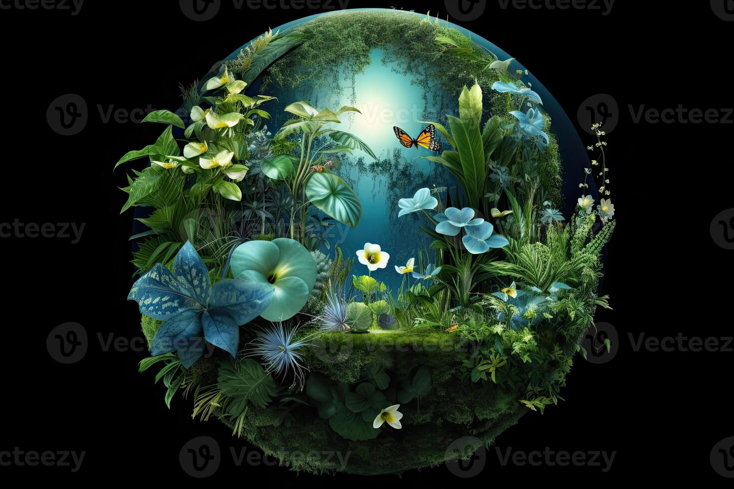 Eco friendly concept. Green planet with trees on green background photo