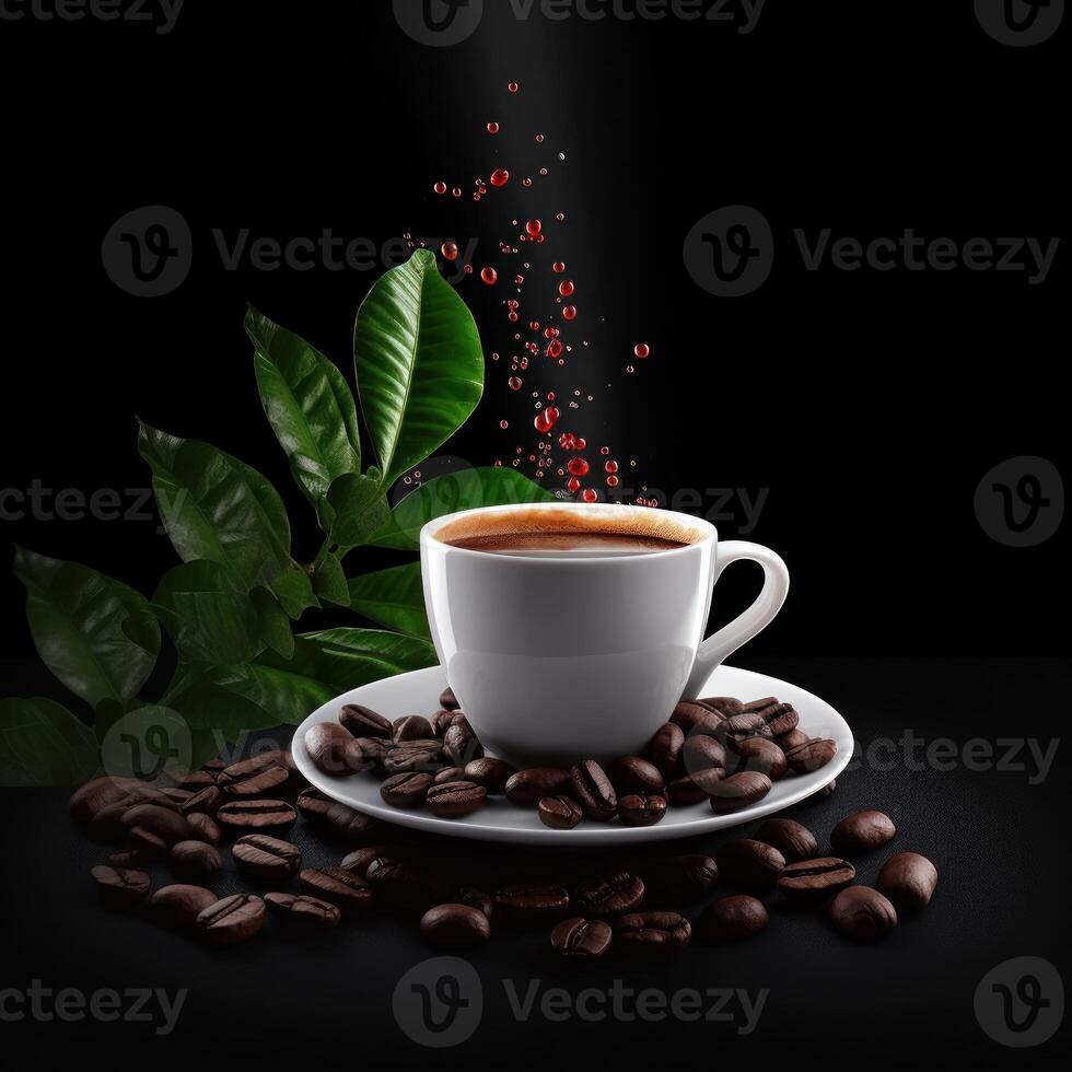 Cup of coffee on black background with coffee beans and green leaves photo