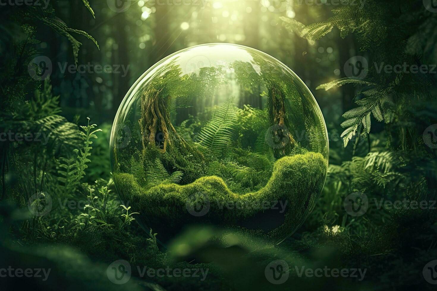 Eco friendly concept. Green planet with trees on green background  AI Generative photo