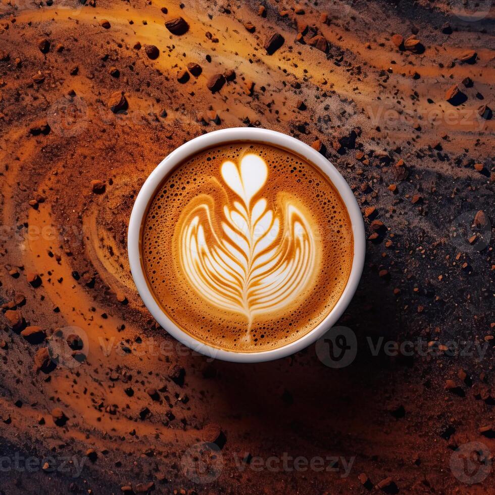 Coffee cup with latte art on coffee beans background. photo