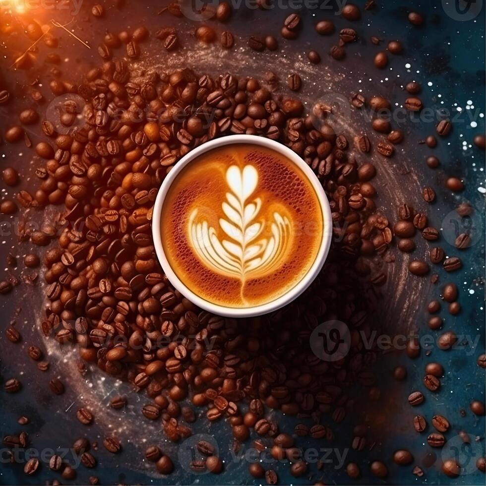 Coffee cup with latte art on coffee beans background. photo