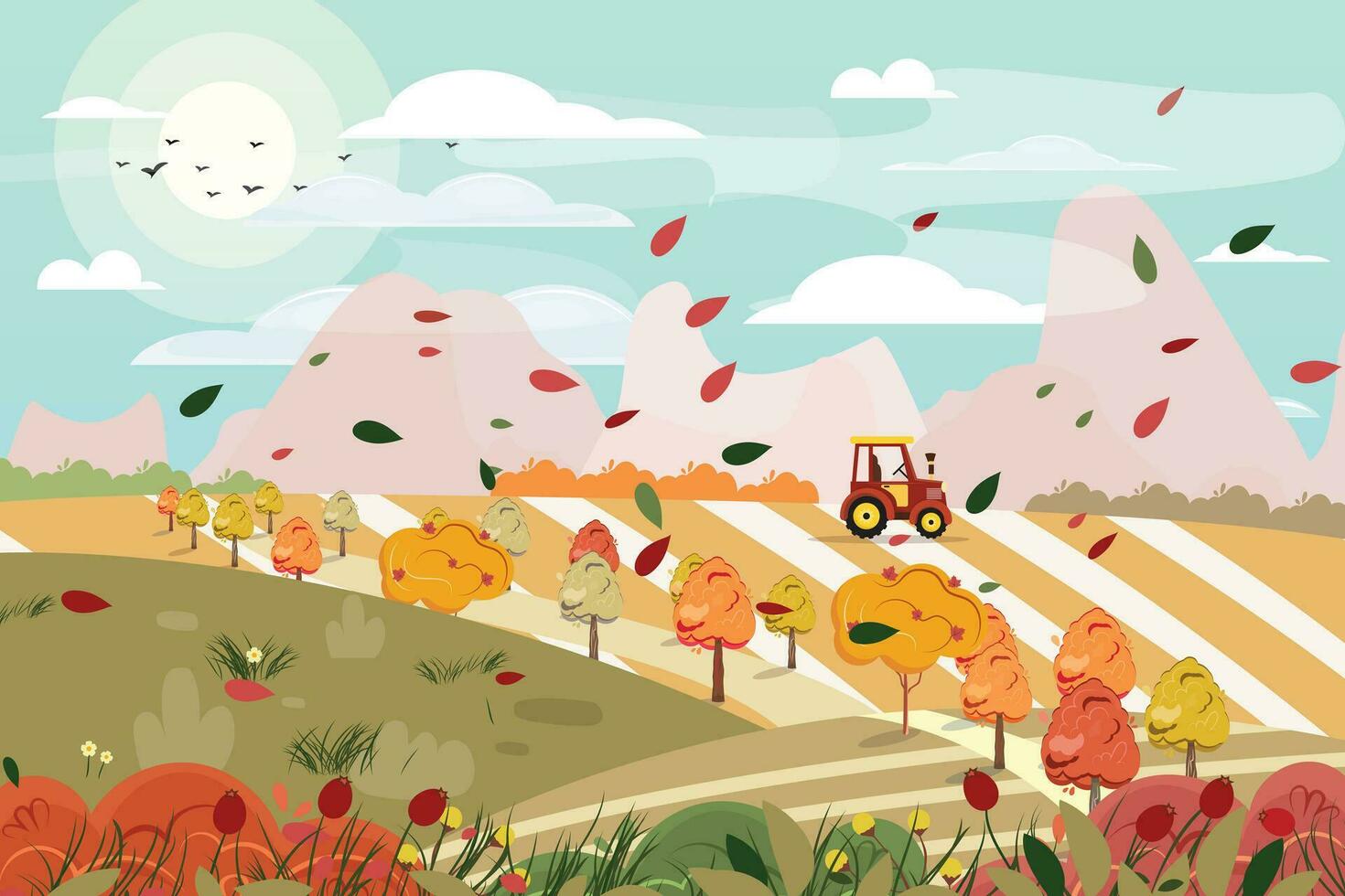 Vector cartoon illustration of a countryside in autumn. Fall background