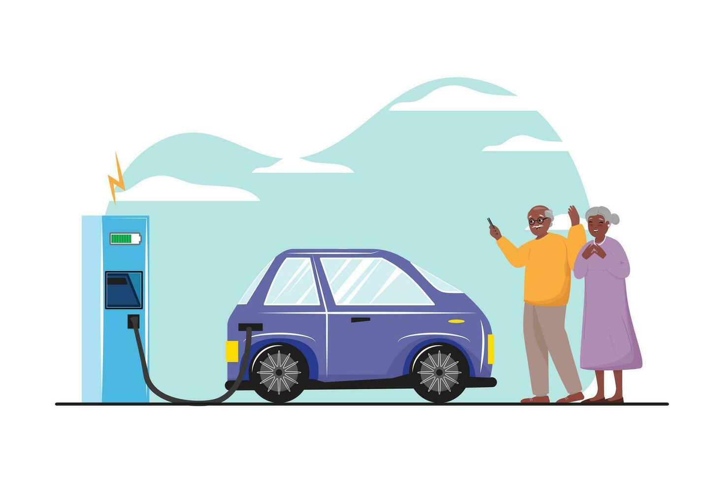 Funny flat cartoon illustration of an elderly black couple charging their vehicle at the charging station and using a cellphone. vector