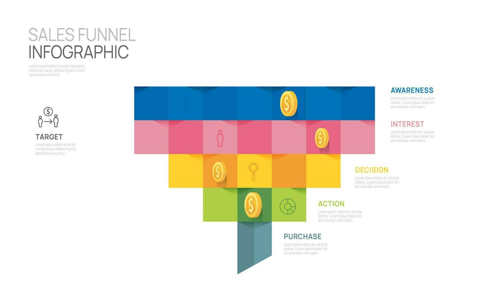 Infographic Sales funnel diagram template for business. Modern Timeline 5 step level, digital marketing data, presentation vector infographics.