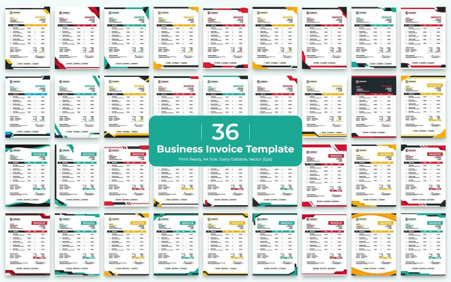 Unique abstract style business invoice Bundle. 36 Creative Invoice Template Paper Sheet Include Accounting, Price, Tax, and Quantity. With color variation Vector illustration of Finance